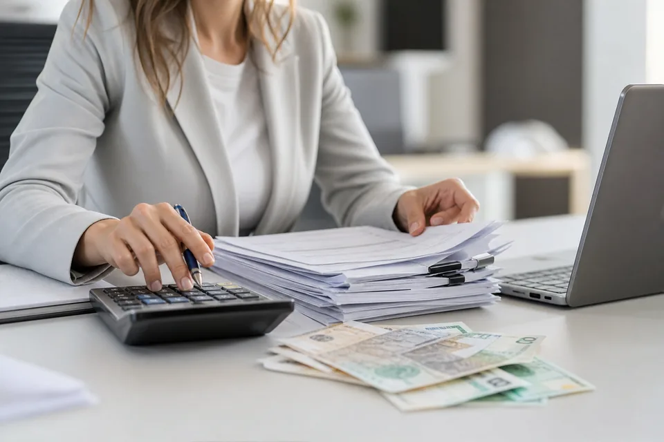 Faktury, kalkulator i banknoty na biurku przy liczeniu ceny sprzedaży długu